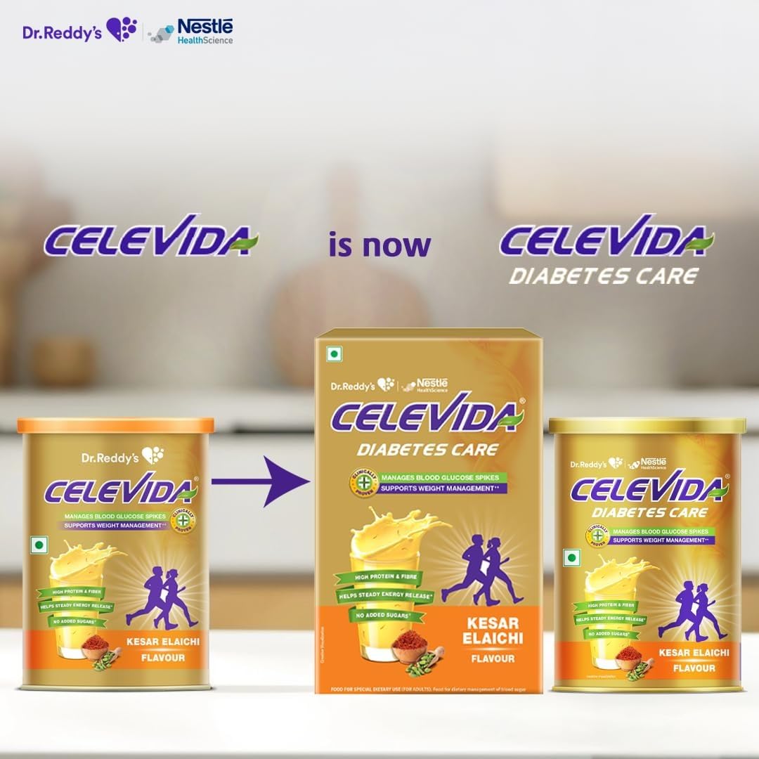 link Celevida Diabetes Nutrition | Kesar Elaichi Flavour | Plant Based Protein & Fiber Nutrition | Clinically Proven to help in 24 Hour Sugar Control | No Added Sugar | 23 Nutrients | 400g | 16 Servings