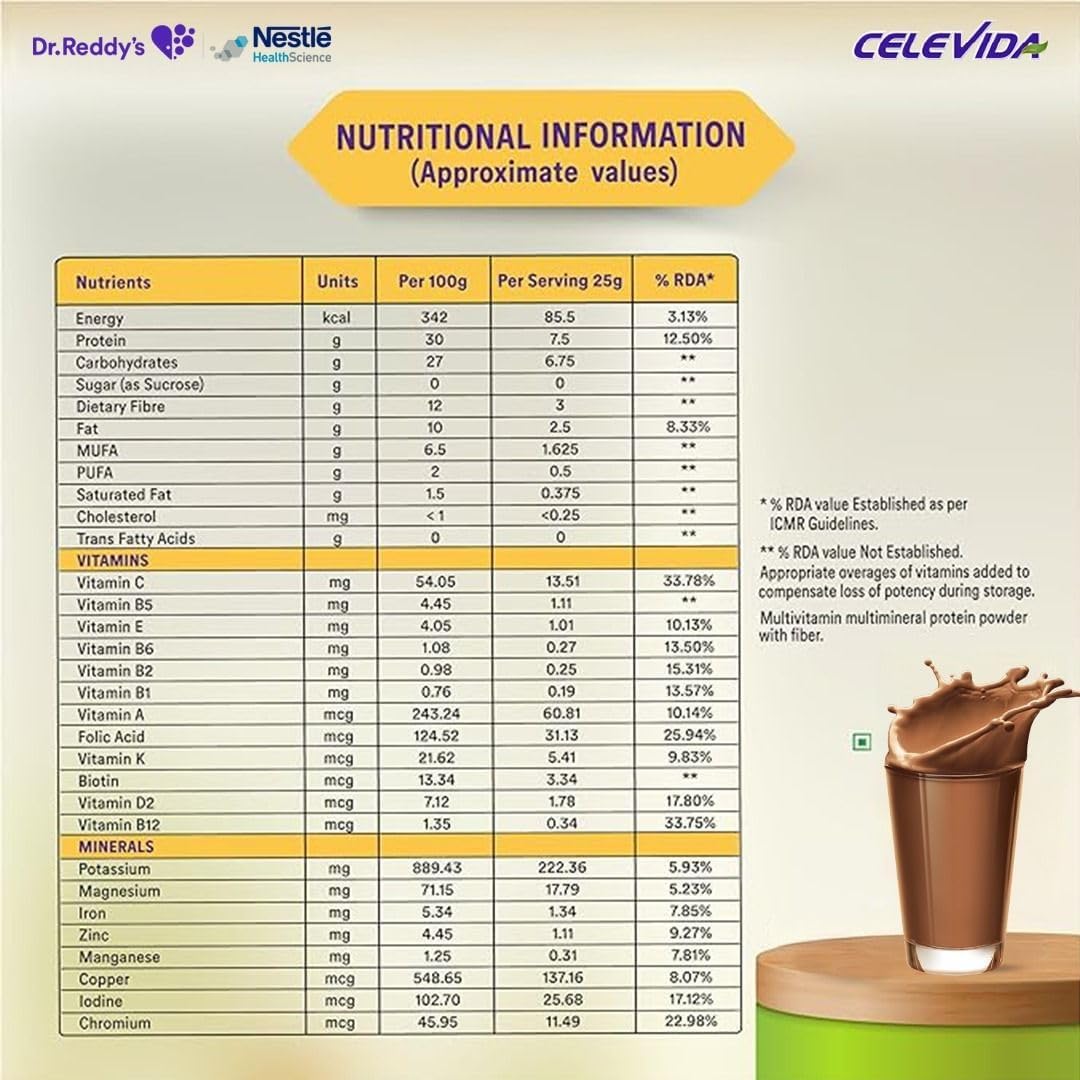 link Celevida Diabetes Nutrition | Chocolate Flavour | Plant Based Protein & Fiber Nutrition | Clinically Proven to help in 24 Hour Sugar Control | No Added Sugar | 23 Nutrients | 400g | 16 Servings
