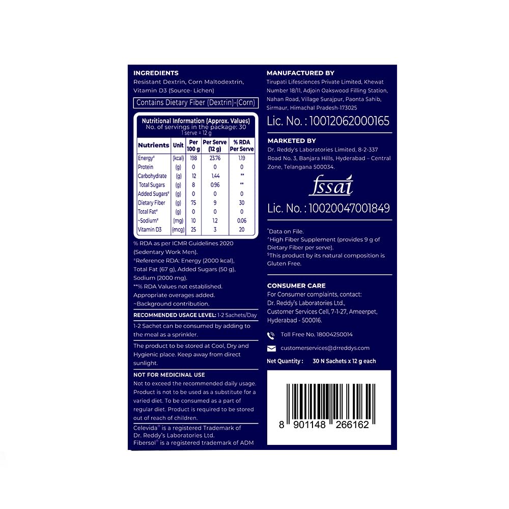 Celevida Diafiber Diabetes Care Product| 100% Plant Based Fibersol Helps Control Post Meal Sugar Spike|Helps delay post meal hunger 360g (Pack of 30 Sachets)