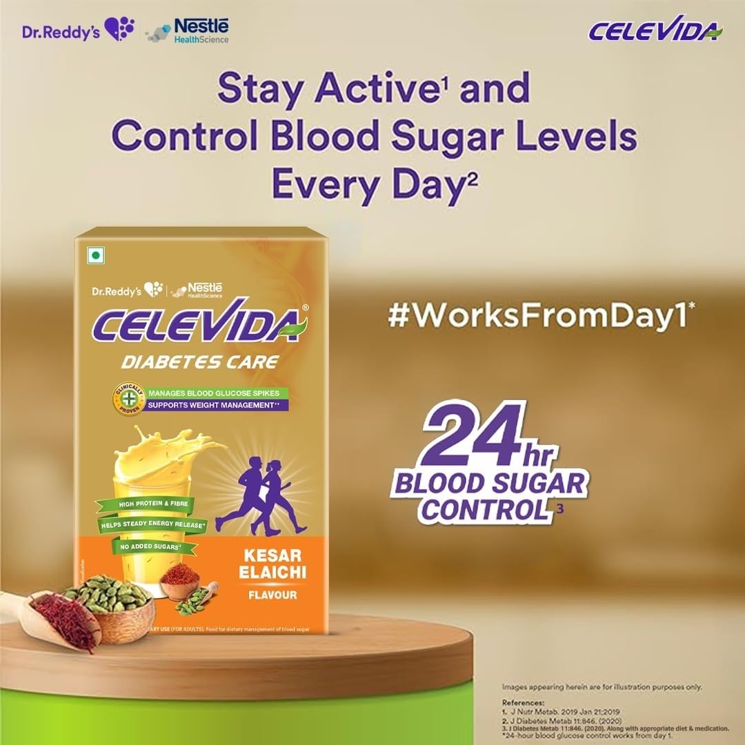 Celevida Diabetes Nutrition | Kesar Elaichi Flavour | Plant Based Protein & Fiber Nutrition | Clinically Proven to help in 24 Hour Sugar Control | No Added Sugar | 23 Nutrients | 400g | 16 Servings
