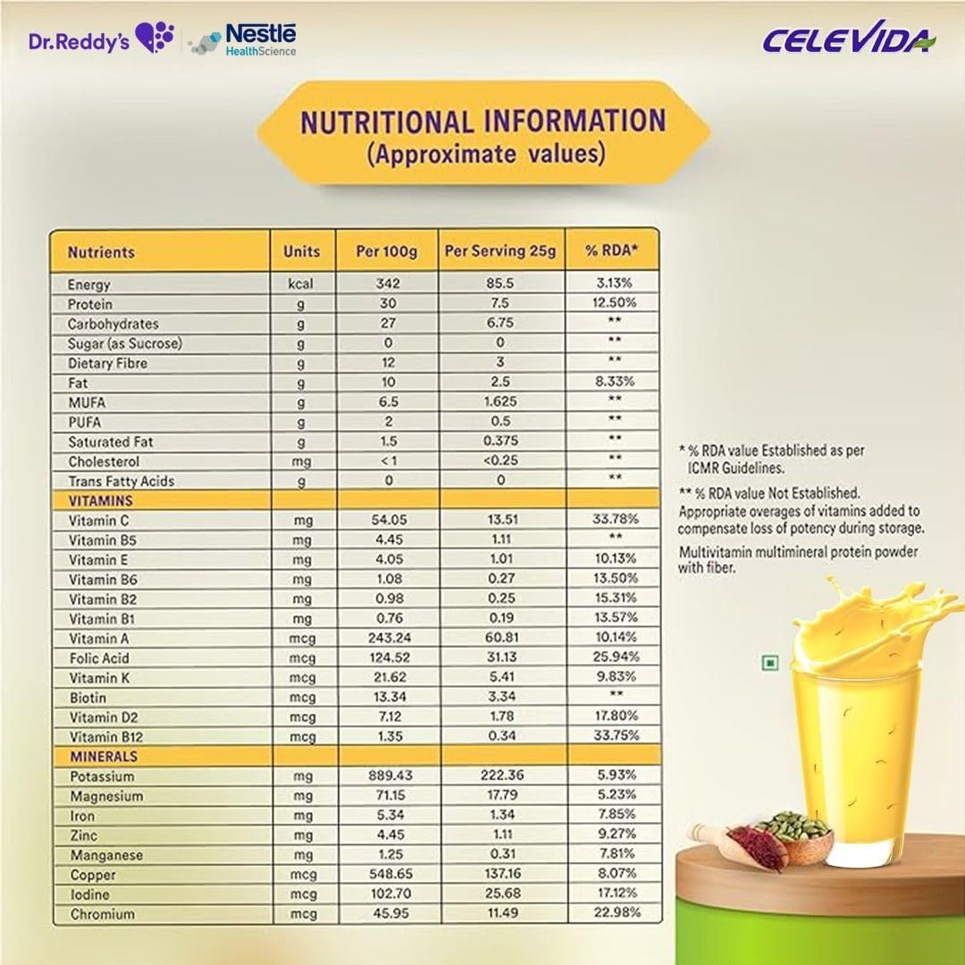 Celevida Diabetes Nutrition | Kesar Elaichi Flavour | Plant Based Protein & Fiber Nutrition | Clinically Proven to help in 24 Hour Sugar Control | No Added Sugar | 23 Nutrients | 400g | 16 Servings