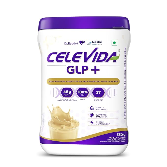 Celevida GLP+ - High protein support for lean muscle preservation during GLP-1/GIP therapies | 24gm protein per serving (predominantly WHEY isolate sourced from Europe) | Contains 100% RDA BCAA - Vanilla Flavour - 350 gm