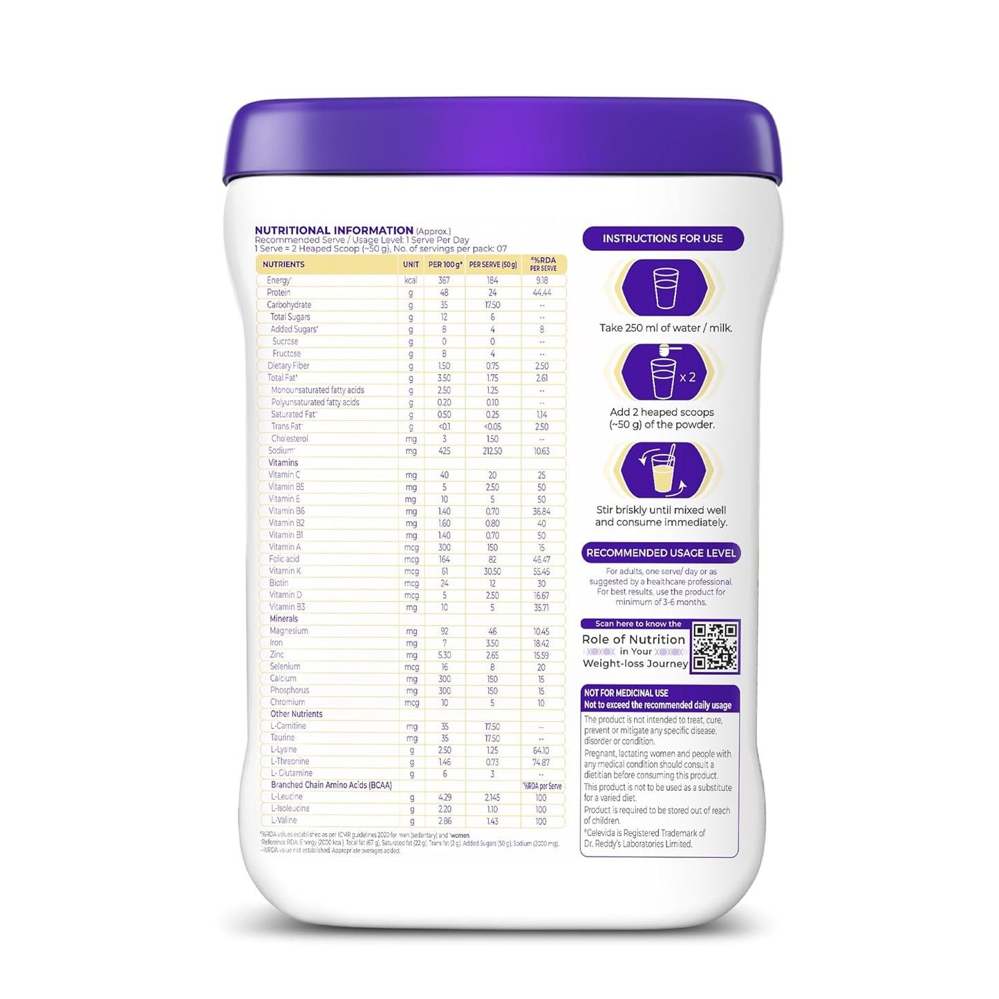 Celevida GLP+ - High protein support for lean muscle preservation during GLP-1/GIP therapies | 24gm protein per serving (predominantly WHEY isolate sourced from Europe) | Contains 100% RDA BCAA - Vanilla Flavour - 350 gm