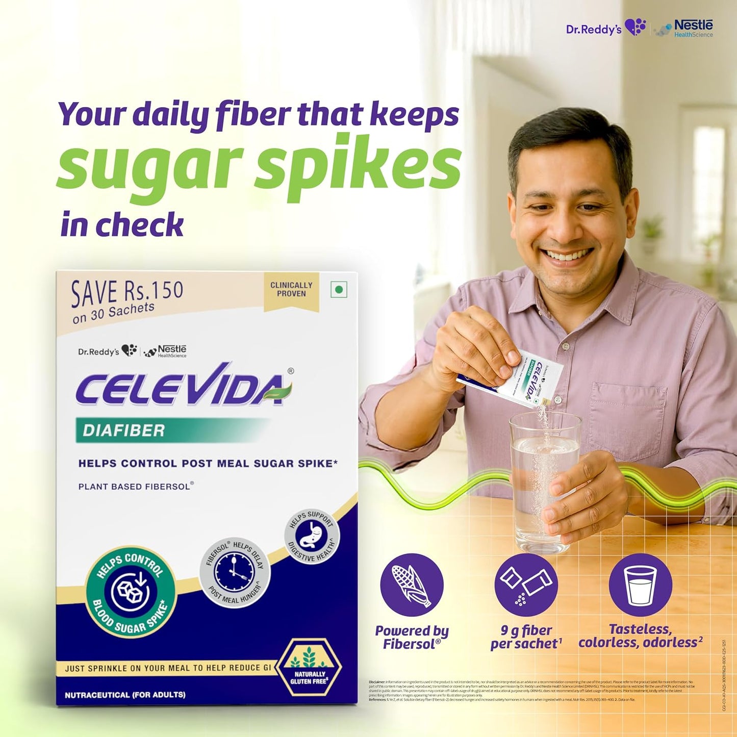 Celevida Diafiber Diabetes Care Product| 100% Plant Based Fibersol Helps Control Post Meal Sugar Spike|Helps delay post meal hunger 360g (Pack of 30 Sachets)