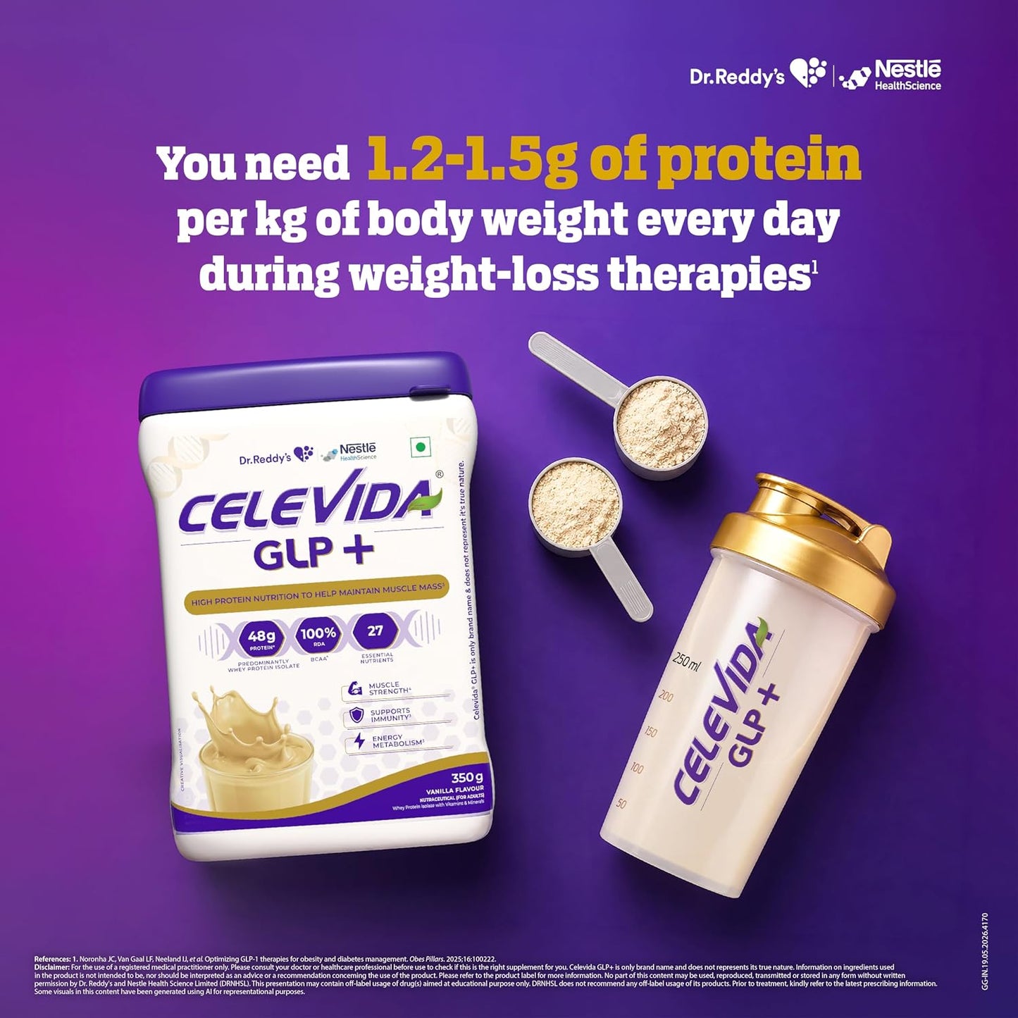 Celevida GLP+ - High protein support for lean muscle preservation during GLP-1/GIP therapies | 24gm protein per serving (predominantly WHEY isolate sourced from Europe) | Contains 100% RDA BCAA - Vanilla Flavour - 350 gm