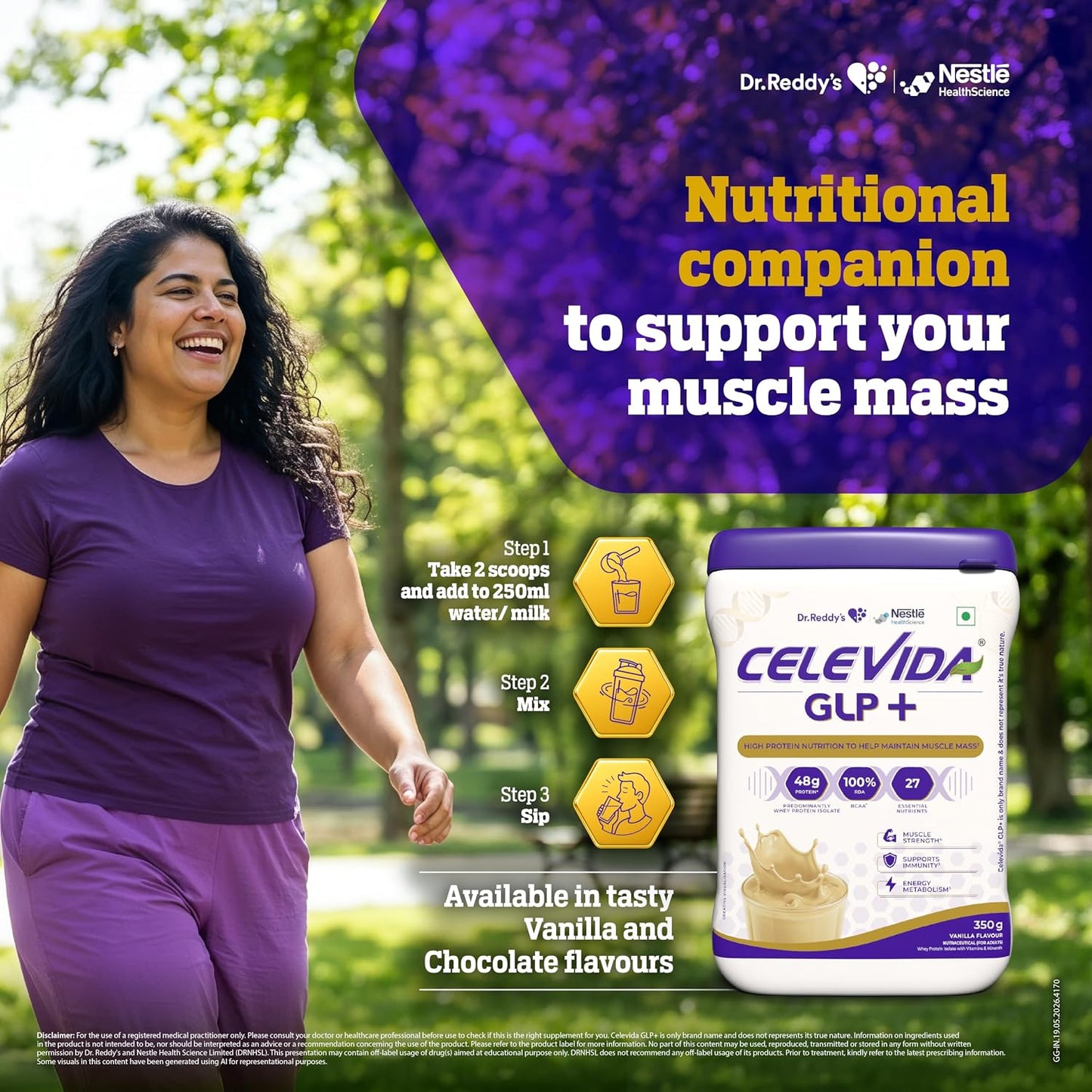 Celevida GLP+ - High protein support for lean muscle preservation during GLP-1/GIP therapies | 24gm protein per serving (predominantly WHEY isolate sourced from Europe) | Contains 100% RDA BCAA - Vanilla Flavour - 350 gm